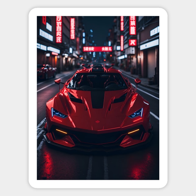 Dark Red Sports Car in Japanese Neon City Sticker by star trek fanart and more